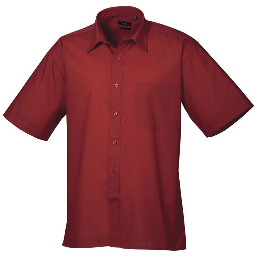 Premier Mens Short Sleeve Formal Poplin Plain Work Shirt / Burgundy